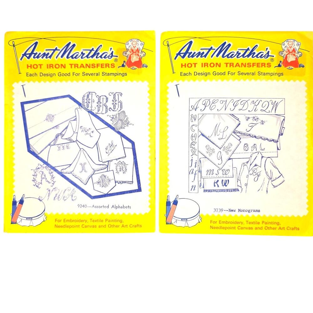 2 Aunt Martha's Hot Iron Transfers Alphabets & Monograms Designs Open Packages
